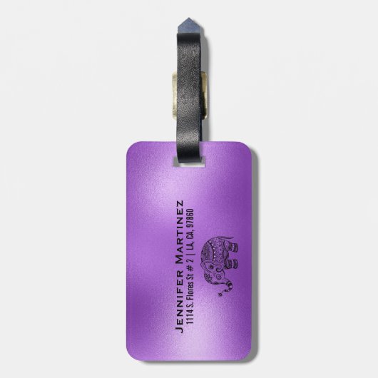 紫色の背景とかわいい部族フローラゾウ ラゲッジタグ (裏面縦)
