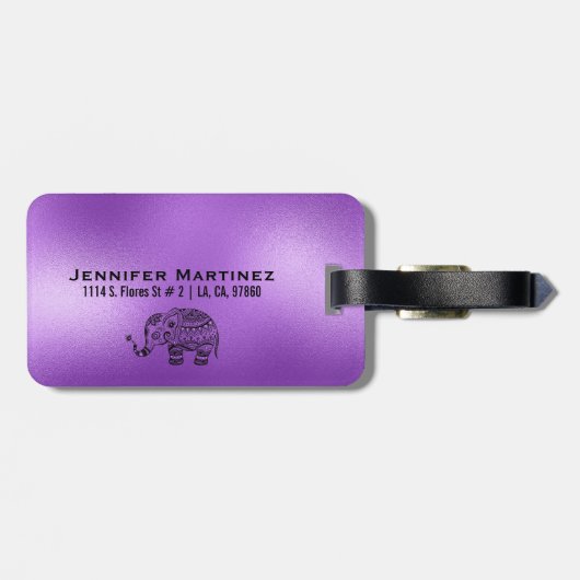 紫色の背景とかわいい部族フローラゾウ ラゲッジタグ (裏面横)