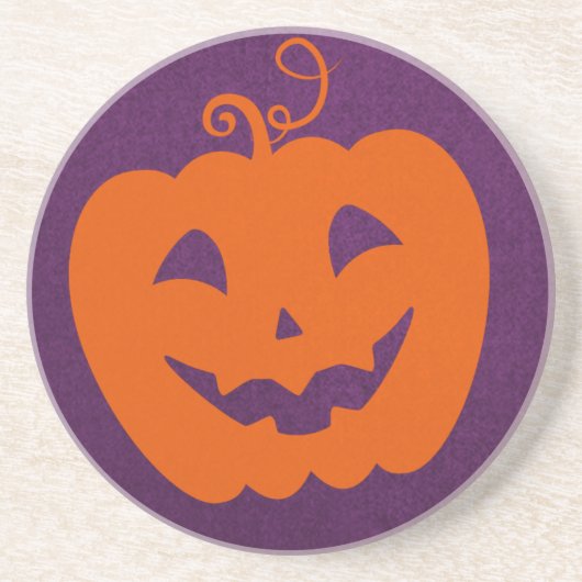 紫色の背景にハロウィーンオレンジ色のカボチャ コースター (正面)