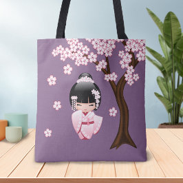 紫色の背景にピンクのきものが可愛いこけし人形 トートバッグ