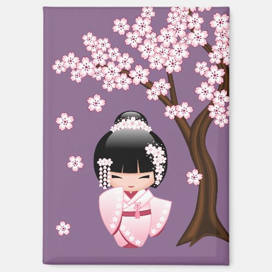 紫色の背景にピンクのきものが可愛いこけし人形 マグネット (正面)
