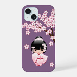 紫色の背景にピンクのきものが可愛いこけし人形 iPhone 15ケース