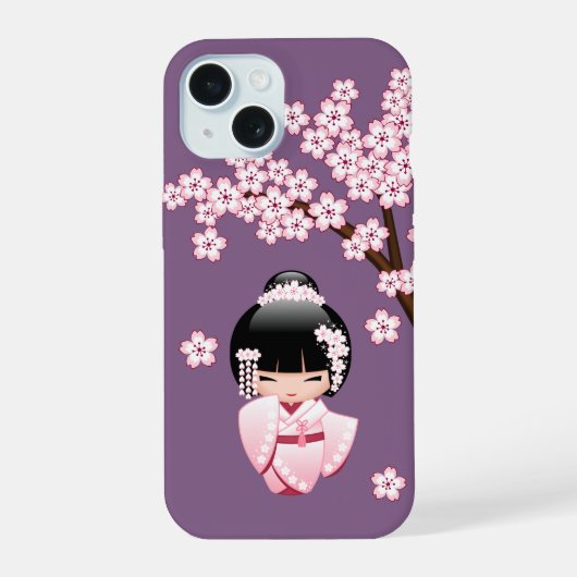 紫色の背景にピンクのきものが可愛いこけし人形 iPhone 15ケース (裏面)