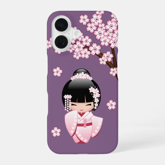 紫色の背景にピンクのきものが可愛いこけし人形 iPhone 16ケース (裏面)