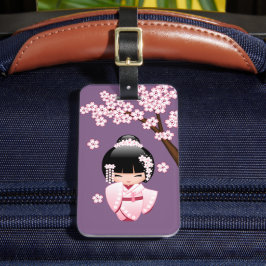 紫色の背景にピンクのきもののかわいいこけし人形 ラゲッジタグ
