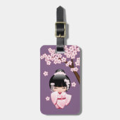 紫色の背景にピンクのきもののかわいいこけし人形 ラゲッジタグ (正面縦)