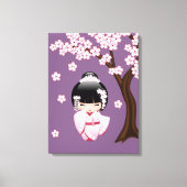 紫色の背景にピンクの着物の可愛いこけし人形 キャンバスプリント (正面)