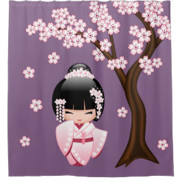 紫色の背景にピンクの着物の可愛いこけし人形 シャワーカーテン
