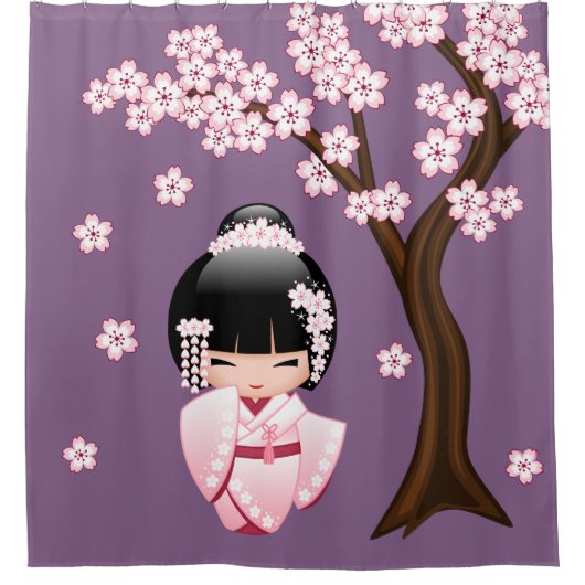 紫色の背景にピンクの着物の可愛いこけし人形 シャワーカーテン (正面)