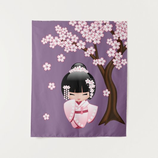 紫色の背景にピンクの着物の可愛いこけし人形 タペストリー (正面)