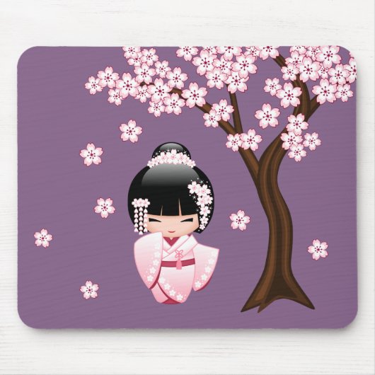 紫色の背景にピンクの着物の可愛いこけし人形 マウスパッド (正面)