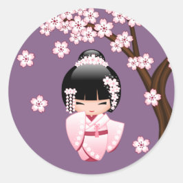 紫色の背景にピンクの着物の可愛いこけし人形 ラウンドシール