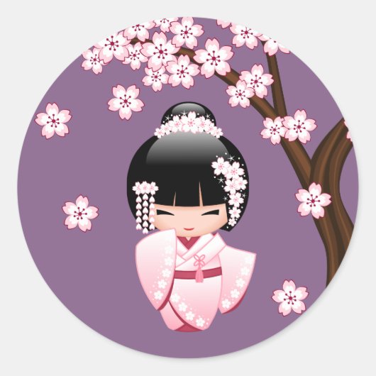 紫色の背景にピンクの着物の可愛いこけし人形 ラウンドシール (正面)