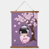 紫色の背景にピンクの着物の可愛いこけし人形 吊り下げ型タペストリー (正面)