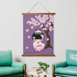 紫色の背景にピンクの着物の可愛いこけし人形 吊り下げ型タペストリー
