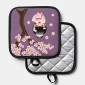 紫色の背景にピンクの着物の可愛いこけし人形 鍋敷き (正面/裏面)