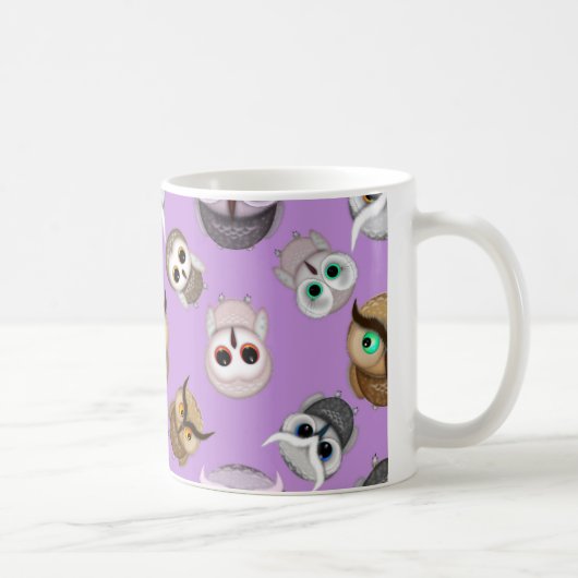 紫色の背景に可愛いフクロウの模様 コーヒーマグカップ (右)