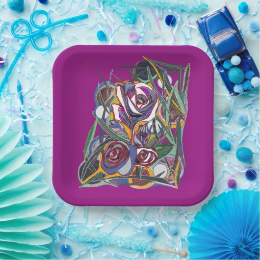 紫色の背景に花 ペーパープレート (パーティー)