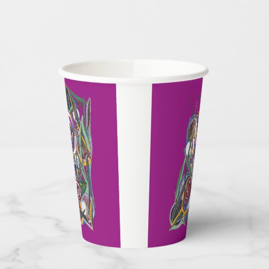 紫色の背景に花 紙コップ (左)