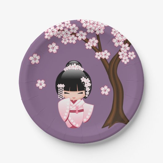 紫色の背景のピンクの着物の可愛いこけし人形 ペーパープレート (正面)