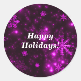 紫色の背景の丸いステッカー付き雪片 ラウンドシール