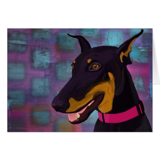 紫色の背景の微笑の黒いドーベルマン犬 (正面横)