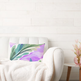 紫色の背景を有する緑葉フローラ ランバークッション