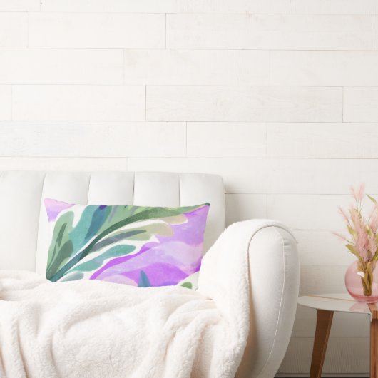 紫色の背景を有する緑葉フローラ ランバークッション (ソファ)