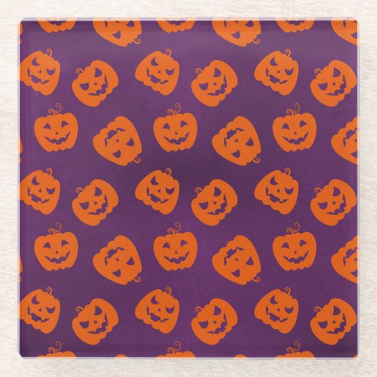 紫色の背景パターン上のハロウィーンカボチャ ガラスコースター (正面)