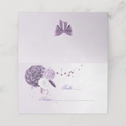 紫色の色合いの花と弓座席表 プレイスカード (外部開封)
