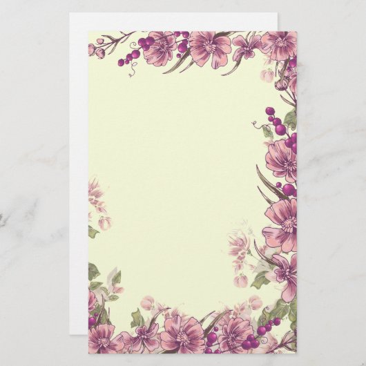 紫色の花および果実のボーダー装飾 便箋 (正面/裏面)