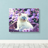 紫色の花が入った籠の青い目の子猫 キャンバスプリント (インサイチュ (ウッドフロア))