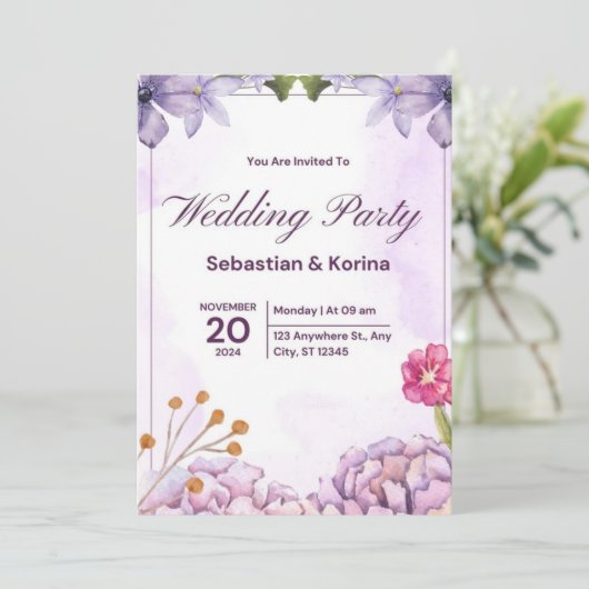 紫色の花で優雅な結婚式の招待状 招待状 (スタンド正面)