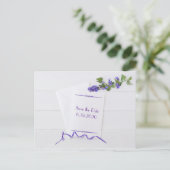 紫色の花で日付を保存 案内ポストカード (スタンド正面)