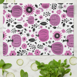 紫色の花とかわいいカボチャ柄 キッチンタオル