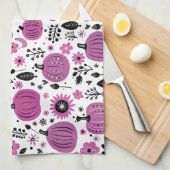 紫色の花とかわいいカボチャ柄 キッチンタオル (四つ折り)
