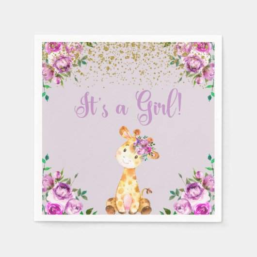 紫色の花とキリンの赤ちゃんシャワーナプキン。 スタンダードカクテルナプキン (正面)
