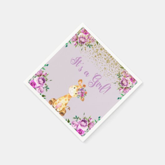 紫色の花とキリンの赤ちゃんシャワーナプキン。 スタンダードカクテルナプキン (角)