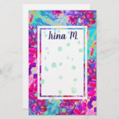 紫色の花とターコイズ花びらファンタジー 便箋 (正面/裏面)