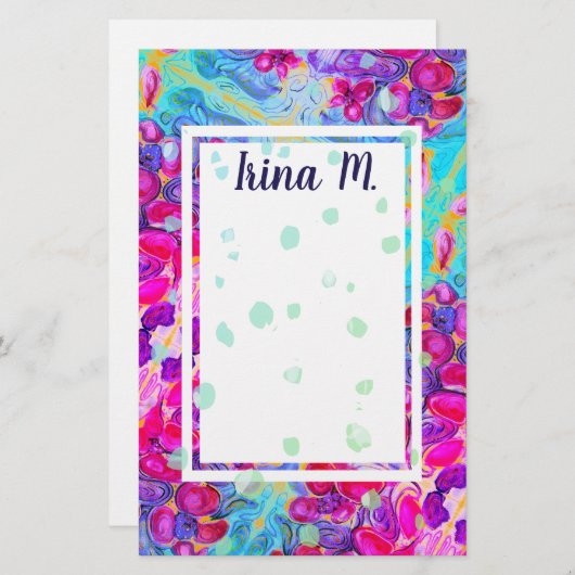 紫色の花とターコイズ花びらファンタジー 便箋 (正面/裏面)