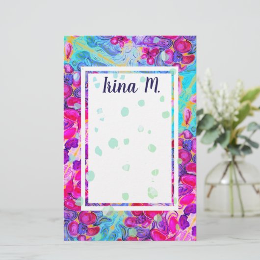 紫色の花とターコイズ花びらファンタジー 便箋 (スタンド正面)