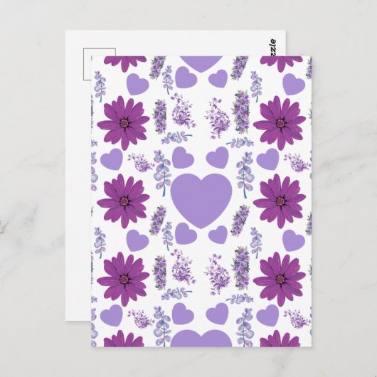 紫色の花とハートのシームレスなパターン ポストカード (正面/裏面)