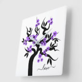 紫色の花とラブバード桜さくらんぼツリー スクエア壁時計 (傾斜)