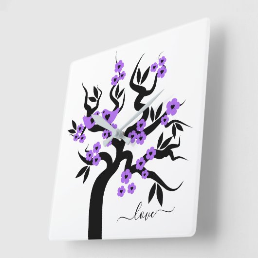 紫色の花とラブバード桜さくらんぼツリー スクエア壁時計 (傾斜)