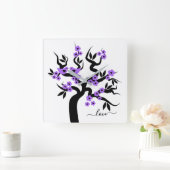 紫色の花とラブバード桜さくらんぼツリー スクエア壁時計 (ホーム)