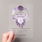 紫色の花とリボンフローラ結婚リース アクリル招待状 (インサイチュ (ポータブル))