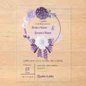 紫色の花とリボンフローラ結婚リース アクリル招待状 (正面)