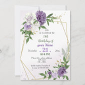 紫色の花と幾何葉の誕生日 招待状 (正面)