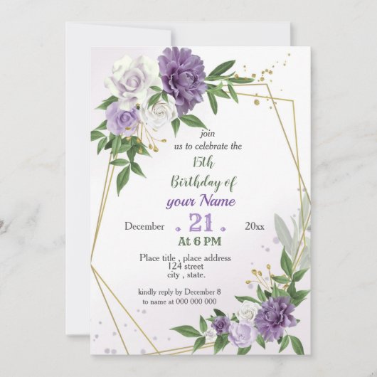 紫色の花と幾何葉の誕生日 招待状 (正面)