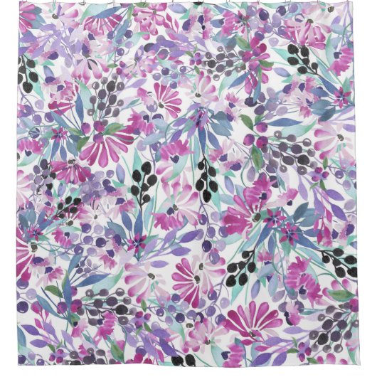 紫色の花と果実：水色 シャワーカーテン (正面)